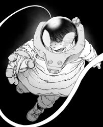  1girl backupnha black_background boku_no_hero_academia floating gloves grey_hair helmet highres long_sleeves looking_at_viewer medium_hair pants parted_lips reaching reaching_towards_viewer shoes simple_background solo space_helmet spacesuit thirteen_(boku_no_hero_academia) tube 