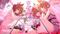  3girls animal_ears aston_machan_(umamusume) bare_shoulders belt blue_shorts blush breasts brown_belt brown_eyes brown_hair character_doll closed_mouth commentary_request crown cutoffs cygames daiwa_scarlet_(umamusume) doll dress ear_covers fang furioso_(umamusume) green_eyes hair_between_eyes hair_intakes hair_ornament hairband hairclip heart heart-shaped_mirror holding holding_hair_straightener horse_ears horse_girl horse_tail indoors long_hair makeup medium_breasts medium_hair mini_crown multiple_girls official_alternate_costume official_art open_mouth pink_dress pink_ribbon red_eyes ribbon second-party_source short_sleeves shorts single_ear_cover sitting skin_fang smile socks table tail twintails umamusume very_long_hair wariza white_hairband white_socks yellow_eyes yokozuwari 