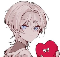  1boy absurdres blunt_ends bodysuit box choppy_bangs eyeshadow fingernails genshin_impact gift gift_box hair_intakes heart-shaped_box highres holding holding_gift looking_at_viewer looking_back makeup male_focus munou_v parted_lips portrait scaramouche_(genshin_impact) sepia side_cape solo spot_color tsurime violet_eyes wanderer_(genshin_impact) white_background 