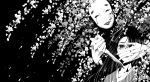  1girl black_hair cherry_blossoms copyright_request floating_hair hand_on_another&#039;s_face knife long_hair looking_at_viewer mask monochrome yoshii 