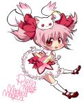  1girl :3 animal_on_head ankle_bow blush bow bubble_skirt chibi delico gloves hair_bow kaname_madoka kneehighs kyubey loafers long_hair magical_girl mahou_shoujo_madoka_magica pink_hair red_eyes shoes short_twintails soul_gem twintails white_gloves white_legwear 
