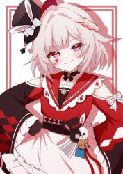  1girl bell black_choker black_gloves black_hat black_sleeves bokutaaaa choker clothing_cutout commentary_request diamond_(shape) diamond_facial_mark facial_mark frilled_skirt frills gloves grey_hair hands_on_own_hips hat hat_ornament heart heart_facial_mark highres honkai:_star_rail honkai_(series) long_sleeves mark_under_both_eyes mini_hat multicolored_hair rabbit_hat_ornament red_hair red_sleeves red_streaks short_hair shoulder_cutout skirt smile solo sparkle_(honkai:_star_rail) sparxie_(honkai:_star_rail) streaked_hair two-tone_sleeves white_skirt wide_sleeves 