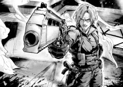  1boy aiming aiming_at_viewer beard_stubble blood blood_splatter chest_belt chest_holster collared_shirt commentary_request cowboy_shot facial_hair furrowed_brow gloves greyscale grin gun handgun highres holding holding_gun holding_weapon holster leon_s._kennedy male_focus monochrome requiem_(gun) resident_evil resident_evil_requiem rush11_(rush11fullblitz) serious shirt short_hair smile smoke solo stubble thigh_holster toned toned_male weapon 