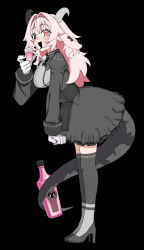  1girl absurdres animal_ears asymmetrical_horns backward-facing_horns bell bell_bow black_bow black_bowtie black_eyes black_mouth black_shoes black_skirt black_thighhighs bow bowtie colored_saliva commentary_request cross cup doumu_(31678316) femme_soule fingernail_gloves full_body gloves goat_ears goat_horns hair_intakes heterochromia high_heels highres holding holding_cup holding_with_tail horns inverted_cross long_hair long_sleeves looking_at_viewer mismatched_horns neck_bell notched_ear open_mouth pink_eyes pink_hair prehensile_tail pukey_goddess_shot_trick shoes skirt sleeve_cuffs snake_tail solo tail thigh-highs white_gloves 