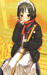  1girl adjusting_scarf aiuabo apron bench black_dress black_eyes black_hair black_jacket black_scarf blush cat down_jacket dress enpera frilled_apron frills jacket long_sleeves looking_at_viewer maid maid_headdress open_mouth original red_scarf scarf sitting sleeves_past_wrists solo striped_clothes striped_scarf two-tone_scarf white_apron 