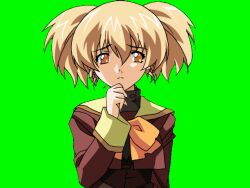  1990s_(style) 1girl blonde_hair bow breasts brown_serafuku closed_mouth game_asset green_background hair_between_eyes hand_on_own_chin high-waist_skirt large_variant_set long_sleeves medium_breasts mikuni_miku non-web_source raised_inner_eyebrows retro_artstyle school_uniform self-datamine serafuku short_twintails skirt solo standing tamaru_makoto tareme twintails upper_body variant_set visual_novel_cg yellow_bow yellow_eyes yuuwaku 