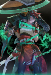  1boy 1girl black_background black_gloves blue_eyes bound chain clenched_teeth commentary cowboy_shot facial_mark fox_mask gloves green_hair grey_hair half_mask highres holding holding_kunai holding_weapon japanese_clothes kimono kiriko_(overwatch) kistina kunai looking_at_another mask mizuki_(overwatch) mouth_mask overwatch parted_lips red_gloves rope_belt short_hair sweatdrop tassel teeth tied_up_(nonsexual) weapon white_kimono wide_sleeves 