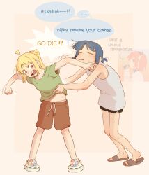  ... 3girls absurdres ahoge black_sandals black_shorts blonde_hair blue_hair bocchi_the_rock! brown_shorts character_request closed_eyes clothes_lift copyright_request crocs detached_ahoge digging_your_own_grave english_commentary english_text green_shirt highres ijichi_nijika imminent_punch machuuu68 medium_hair mole mole_under_eye multiple_girls navel open_mouth red_eyes red_hair sandals shirt shirt_lift short_shorts shorts side_ponytail simple_background sweat teeth white_shirt yamada_ryo yuri 