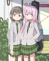  2girls bag bang_dream! bang_dream!_it's_mygo!!!!! brown_eyes chihaya_anon closed_mouth commentary_request diagonal-striped_clothes diagonal-striped_necktie green_necktie green_skirt grey_bag grey_hair guitar_case hands_in_pockets highres instrument_case instrument_on_back long_hair multiple_girls necktie outdoors pink_hair plaid_clothes plaid_skirt shizenbrake short_hair shoulder_bag skirt standing striped_clothes striped_necktie takamatsu_tomori 