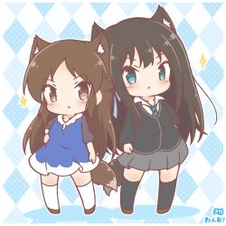  2girls animal_ear_fluff animal_ears argyle_background black_cardigan black_hair black_socks blue_dress blue_eyes blue_necktie blush brown_eyes brown_hair brown_shoes cardigan chibi collared_shirt colored_shadow commentary_request diagonal-striped_clothes diagonal-striped_necktie dress grey_skirt idolmaster idolmaster_cinderella_girls kemonomimi_mode kneehighs long_hair long_sleeves mitarashi_neko multiple_girls necktie pleated_skirt puffy_long_sleeves puffy_sleeves sagisawa_fumika school_uniform shadow shirt shoes skirt socks sparkle striped_clothes striped_necktie tachibana_arisu tail very_long_hair white_shirt white_socks 