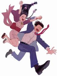  1boy 1girl :d ^_^ ace_attorney arm_up arms_up back_bow belt belt_buckle black_belt black_eyes black_hair black_shoes black_socks blue_jacket blue_pants blunt_bangs bow buckle buttons closed_eyes collared_shirt dress_shirt falling floating_clothes floating_hair floating_neckwear full_body furrowed_brow hair_floating_upwards hair_ornament hair_slicked_back hanten_(clothes) highres holding_hands jacket japanese_clothes jewelry kimono knees_up lapel_pin lapels long_hair long_sleeves looking_down magatama magatama_necklace maya_fey necklace necktie nervous_sweating notched_lapels obi open_clothes open_hand open_jacket open_mouth pants phoenix_wright pink_bow pink_sash purple_jacket red_necktie sandals sash shirt shirt_tucked_in shoes short_hair short_kimono shouting simple_background smile socks soles sphere_hair_ornament spiky_hair suibun_(mizuha_oishiina) suit_jacket sweat teeth twitter_username very_short_hair watermark white_background white_kimono zouri 