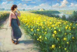  1girl bag black_skirt brown_hair clouds collared_shirt commentary_request dango day eating field fjsmu flower flower_field food highres holding holding_skewer long_sleeves looking_to_the_side original outdoors path pink_shirt rapeseed_blossoms scenery shirt short_hair shoulder_bag skewer skirt solo standing transmission_tower wagashi yellow_flower 