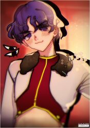  1boy alternate_costume blue_eyes blue_hair blush crop_top curly_hair fate/stay_night fate_(series) highres jacket maewenmitzuki matou_shinji proud red_crop_top school smirk solo type-moon white_jacket 