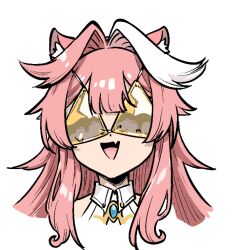  1girl :d animal_ear_fluff animal_ears bikini bikini_top_on_head commentary english_commentary facing_viewer fang gold_bikini golden_week hololive hololive_english multicolored_hair open_mouth panther_ears pink_hair portrait raora_panthera simple_background single_hair_streak skin_fang smile solo swimsuit two-tone_hair virtual_youtuber wardrobe_error white_background white_hair zetsuental 