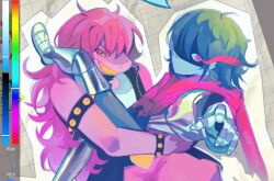  1girl 1other armlet armor armored_boots art_program_in_frame blue_hair blue_skin boots bracelet cape carrying carrying_person colored_sclera colored_skin colored_teeth commentary cyraphres deltarune ear_piercing english_commentary highres jewelry kris_(dark_world)_(deltarune) kris_(deltarune) partially_shaded_face piercing pink_cape pink_eyes pink_hair purple_skin reptile_girl sharp_teeth spiked_armlet spiked_bracelet spikes susie_(dark_world)_(deltarune) susie_(deltarune) teeth unfinished utdr_(toby_fox) yellow_sclera yellow_teeth 