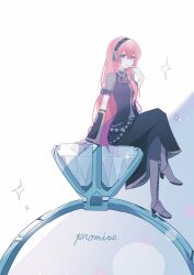  1girl black_sleeves blue_eyes commentary crossed_legs detached_sleeves diamond_(gemstone) english_text finger_to_mouth headphones highres jewelry long_hair long_skirt megurine_luka midriff_peek pink_hair ria_art ring single_sleeve sitting skirt sparkle triangular_pattern untranslatable_commentary very_long_hair vocaloid wedding_ring white_background 