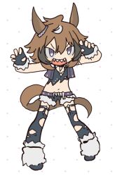  1girl animal_ears brown_hair claw_pose commentary_request ear_ornament fingerless_gloves fur-trimmed_gloves fur-trimmed_shoes fur-trimmed_shorts fur_trim gloves hair_between_eyes hair_tuft horse_ears horse_girl horse_tail jacket jewelry korean_commentary leggings legwear_garter multicolored_hair navel necklace open_mouth polka_dot polka_dot_background purple_jacket sharp_teeth shinko_windy_(umamusume) shinko_windy_(wicked_punk)_(umamusume) shirt shorts simple_background sleeveless sleeveless_jacket smile solo tail teeth tooth_necklace torn_clothes torn_leggings torn_shirt umamusume uuzzangohayo violet_eyes 