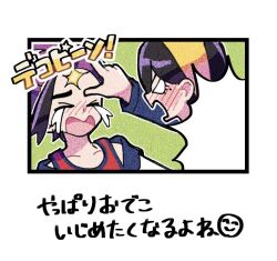  >_< 1boy 1girl black_hair blank_eyes blush border brother_and_sister carmine_(pokemon) closed_eyes collarbone commentary_request flick forehead_flick green_background hairband jacket kieran_(pokemon) loose_hair_strand meeee_hitsuji mole mole_under_eye open_mouth outline pokemon pokemon_scarlet_and_violet purple_hair red_shirt shirt siblings translation_request white_border yellow_hairband 