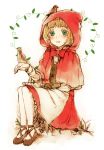  1girl basket bird blonde_hair dress green_eyes highres hood little_red_riding_hood_(grimm) looking_at_viewer nora_bo open_mouth short_hair smile solo 