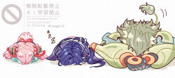  1boy 2girls animal_ear_piercing animal_ears banyue_(zenless_zone_zero) blue_cloak blue_hair cloak commentary_request furry furry_female green_shirt grey_hair grey_tail hair_ornament humanoid_robot long_hair lying motion_lines multiple_girls on_stomach pink_fur pink_hair promeia_(zenless_zone_zero) rabbit_ears rabbit_girl rabbit_tail robot robot_boy shirt simple_background sphere_hair_ornament tail usagiii_e very_long_hair white_background zenless_zone_zero zhao_(zenless_zone_zero) zzz 