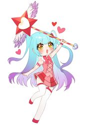  absurdres arm_up blue_hair chibi chibi_only commentary_request full_body gradient_hair hair_ornament heart heart_hair_ornament highres holding holding_weapon korean_commentary long_hair miniskirt multicolored_hair pink_shirt pink_skirt pleated_skirt pmchell_04 project_moon purple_hair queen_of_hatred shiny_eyes shirt skirt sleeveless smile thigh-highs two_side_up weapon white_background white_thighhighs yellow_eyes 