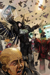  5boys adeptus_astartes armor bald bird black_armor black_hair blood_angels clawed_gauntlets corvus_corax_(warhammer) crow crying facial_tattoo head_tattoo killveous long_hair lorgar_aurelian multiple_boys open_mouth outstretched_arms pauldrons red_armor shoulder_armor smile spread_arms tattoo too_many too_many_birds warhammer_40k wings 