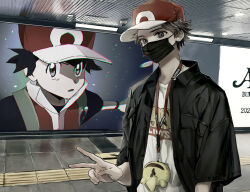  1boy alternate_costume baseball_cap brown_hair character_print commentary_request derivative_work gotcha! grey_eyes hat highres incognito jacket lanyard looking_down male_focus mask mouth_mask open_clothes open_jacket pikachu pokemon pokemon_firered_and_leafgreen red_(pokemon) red_hat screenshot_redraw sekaiitinoki shirt short_hair solo subway_station two-tone_headwear v white_hat white_shirt 
