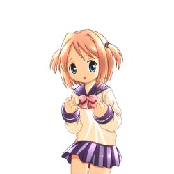  1girl 2000s_(style) :o blue_eyes blue_skirt blush bow brown_hair clenched_hands cowboy_shot game_asset hair_intakes hands_up harukaze_yayoi_(ryoujoku_gakuen) hogeroh large_variant_set long_sleeves miniskirt non-web_source pink_bow pleated_skirt raised_inner_eyebrows ryoujoku_gakuen ryoujoku_school_uniform school_uniform self-datamine serafuku simple_background skirt solo standing swept_bangs tareme transparent_background two_side_up variant_set 