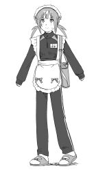  1girl absurdres blush closed_mouth commentary_request full_body greyscale hair_ribbon highres jacket jersey_maid kunikida_kunio low_twintails maid maid_headdress monochrome original pants ribbon sandals sleeves_past_wrists smile socks solo sweat thermos track_suit twintails unconventional_maid v-shaped_eyebrows 