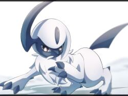  absol claws commentary_request highres horns kompeito_fox looking_at_viewer no_humans open_mouth pokemon pokemon_(creature) pokemon_focus red_eyes single_horn solo twitter_username 