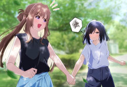  2girls absurdres black_hair black_shirt blue_eyes blurry blurry_background braid brown_hair commentary_request half_up_braid highres holding_hands long_hair medium_hair melonpan134 miyagi_shiori multiple_girls notice_lines open_mouth outdoors photo_background sendai_hazuki shirt short_sleeves shuuniichido_classmate_wo_kau_hanashi sleeveless sleeveless_shirt spoken_squiggle squiggle violet_eyes white_shirt yuri 