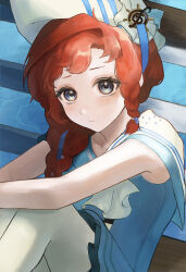  1girl :/ absurdres arm_on_knee barcarola_(reverse:1999) bare_arms blue_background blue_eyes blue_shirt blue_skirt braid braided_sidelocks closed_mouth commentary_request dixie_cup_hat hat highres kanichiwawa knees_to_chest long_braid looking_at_viewer military_hat miniskirt mole mole_under_eye pantyhose red_hair reverse:1999 sailor_collar shirt sidelocks sitting skirt sleeveless sleeveless_shirt solo upper_body white_hat white_pantyhose 