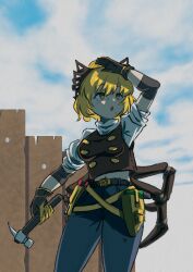  1girl absurdres alternate_costume arthropod_girl arthropod_limbs belt blonde_hair blue_pants bow brown_bow brown_gloves brown_vest builder castle clouds cloudy_sky elbow_sleeve gloves hair_bow hammer hand_on_own_forehead high_ponytail highres holding holding_hammer kurodani_yamame medium_hair midriff navel pants ponytail shaded_face shirt short_sleeves sky sleepymoon solo spider_girl sweat tool_request touhou vest white_shirt yellow_eyes 