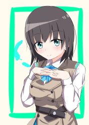  1girl absurdres aoi_erika black_hair blue_bow blue_bowtie blue_eyes bow bowtie commentary_request feathers grey_vest heaven_burns_red highres interlocked_fingers kyamiuu looking_at_viewer shirt short_hair vest white_shirt 