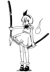  1girl bobby_socks commentary_request dual_wielding expressionless frilled_skirt frills full_body greyscale hairband highres holding holding_sword holding_weapon katana konpaku_youmu konpaku_youmu_(ghost) kunikida_kunio looking_at_viewer monochrome petticoat shoes short_hair skirt socks solo sword touhou vest weapon 