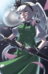  1girl absurdres alternate_hairstyle black_bow black_bowtie black_gloves black_hairband bow bowtie breasts cigarette collared_shirt commentary falling_petals fingerless_gloves frilled_skirt frills glint gloves green_eyes green_skirt green_vest grey_hair hairband highres hitodama hitodama_print holding holding_sword holding_weapon katana konpaku_youmu konpaku_youmu_(ghost) long_hair medium_breasts petals pink_petals ponytail puffy_short_sleeves puffy_sleeves sheath shirt short_sleeves skirt skirt_set smoke smoking solo sword tamahuku_0911 touhou unsheathing very_long_hair vest weapon white_shirt 