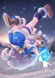  1girl ainu_clothes artist_name bilingual_commentary blue_hairband blue_shorts blue_socks bluesky_username boots bridal_gauntlets brown_boots brown_eyes brown_hair cape commentary dargain_x full_body fur-trimmed_boots fur_cape fur_trim hairband ice kneepits konril midair mixed-language_commentary open_mouth outdoors outstretched_arm rimururu samurai_spirits sheath sheathed short_hair shorts smile snow snowing socks solo teeth thigh_strap twitter_username upper_teeth_only white_bridal_gauntlets 
