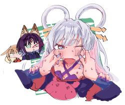  3girls @_@ animal_ears blonde_hair blood blue_eyes blue_hair cheek_pull cho_kaguya-hime! commentary_request cropped_torso excessive_nosebleed forehead_jewel fox_ears grey_hair hair_ornament hair_rings hair_stick halterneck highres kaguya_(cho_kaguya-hime!) long_hair lop_rabbit_ears multicolored_eyes multicolored_hair multiple_girls nosebleed one_eye_closed open_mouth pink_hair purple_hair purple_nails rabbit_ears runami_yachiyo runami_yachiyo_(chibi) sakayori_iroha shichimencho593 short_hair sweat two-tone_hair violet_eyes 