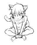  1boy animal_ears barefoot blush cat_ears cat_tail catboy fang male monochrome open_mouth original rand_(artist) rough short_hair simple_background sitting solo tail white_background 
