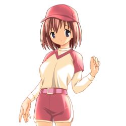  1girl 2000s_(style) baseball_cap baseball_uniform belt breasts brown_hair closed_mouth cowboy_shot game_asset hair_between_eyes hair_intakes half_updo hat hogeroh large_variant_set layered_sleeves long_sleeves medium_breasts natsuki_mayu non-web_source ryoujoku_gakuen self-datamine short_over_long_sleeves short_sleeves shorts simple_background solo sportswear tented_shirt transparent_background variant_set violet_eyes 