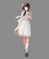  1girl absurdres alternate_costume bbunny_2004 black_ribbon black_shoes bow bow_hairband commentary dress english_commentary frilled_dress frills full_body grey_background hair_ornament hairband highres holding holding_stuffed_toy iwakura_lain looking_at_viewer neck_ribbon red_eyes ribbon serial_experiments_lain shoes simple_background socks solo solo_focus stuffed_toy white_bow white_dress white_hairband white_socks x_hair_ornament 