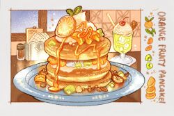  almond cherry commentary cream drinking_straw english_commentary english_text food food_focus fruit highres ice ice_cream ice_cream_float ice_cube in_food kiwi_(fruit) kiwi_slice light_particles menu nao_(bestrollever) napkin napkin_holder no_humans orange_(fruit) orange_slice original pancake pancake_stack plate poco_grande_glass rabbit star_(symbol) syrup wafer window 