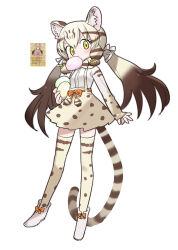  absurdres blonde_hair boots brown_hair cat_girl commentary_request eating food full_body geoffroy's_cat_(kemono_friends) highres holding holding_food kemono_friends kokaki_mumose looking_at_viewer multicolored_hair overall_skirt polka_dot polka_dot_skirt reference_inset simple_background skirt striped_hair thigh-highs two-tone_hair white_background white_boots yellow_eyes 