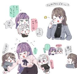  ... 3girls :d ;d ^_^ black_sweater blush blush_stickers braid brown_hair closed_eyes colored_speech_bubble commentary crown_braid flying_sweatdrops fujishima_megumi fujishima_megumi_(post-graduation) green_eyes grey_hair grey_jacket hasu_no_daisankaku heart heart_necklace highres jacket jewelry jitome long_hair long_sleeves love_live! love_live!_hasu_no_sora_jogakuin_school_idol_club moso_(expect66) multicolored_hair multiple_girls necklace one_eye_closed open_clothes open_jacket open_mouth otomune_kozue otomune_kozue_(post-graduation) pink_shirt pointing pointing_at_self ponytail purple_hair red_eyes red_streaks shirt short_hair sidelocks smile speech_bubble spoken_ellipsis spoken_heart streaked_hair suit_jacket sweater translation_request turtleneck turtleneck_sweater violet_eyes virtual_youtuber yugiri_tsuzuri yugiri_tsuzuri_(post-graduation) 
