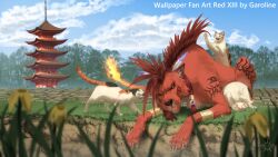  1boy architecture artist_logo artist_name biting biting_ear blue_sky body_markings brick_floor calico_(pattern) calico_cat cat clouds cloudy_sky east_asian_architecture english_commentary fangs feather_hair_ornament feathers final_fantasy final_fantasy_vii final_fantasy_vii_remake garolineart grass hair_ornament logo looking_at_another mane mixed-language_commentary open_mouth painttool_sai_(medium) red_fur red_hair red_xiii roman_numeral sitting sky tower 
