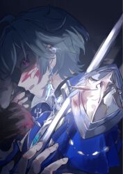  1boy :o ahoge armor belt belt_collar black_belt black_gloves blood blood_on_armor blood_on_face blood_on_gloves blue_shirt choker coat collar collared_shirt commentary_request ear_piercing earrings genshin_impact gloves green_hair grey_background hair_between_eyes highres holding holding_polearm holding_weapon jewelry lohen_(genshin_impact) long_sleeves looking_at_another looking_to_the_side male_focus mole mole_under_eye multicolored_eyes parted_lips partially_shaded_face piercing polearm sakukuro_(sakuro396_gr) shirt short_hair shoulder_armor single_earring spear weapon 