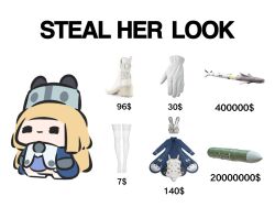  1girl black_gloves blonde_hair blue_jacket boots chibi commentary english_commentary english_text expressionless gloves grey_hat half-closed_eyes hat highres jacket large_hat long_hair meme missile norma_hollowell shako_cap simple_background solo steal_her_look_(meme) superappleman thigh-highs white_background white_boots white_gloves white_thighhighs zenless_zone_zero 