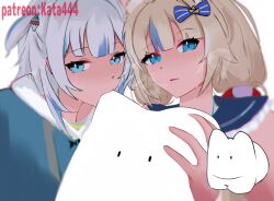  2girls :3 animal animal_ear_fluff animal_ears animal_hood blue_hoodie blue_streaks cat cat_ears fins fish_girl fish_tail gawr_gura gawr_gura_(casual) hair_ornament highres holding holding_animal holding_cat hololive hololive_english holomyth hood hoodie katalashka looking_at_animal low_twintails multicolored_hair multiple_girls paper_boat sameko_saba shark_girl shark_hair_ornament shark_hood shark_print shark_tail streaked_hair tail twintails virtual_youtuber white_cat 