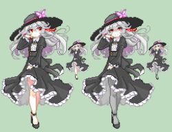  1girl bow commentary_request curly_hair dress hair_between_eyes hat keykey117117 long_hair looking_at_viewer ma_no_mono-tachi_wa_kuwadateru pixel_art red_eyes shirt smile socks solo tail white_hair 