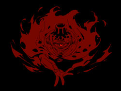  1boy absurdres black_background commentary_request cyclops fire grin highres jogo_(jujutsu_kaisen) jujutsu_kaisen limited_palette looking_at_viewer male_focus maorisu_henkyo_haku monochrome one-eyed outstretched_arm outstretched_hand reaching reaching_towards_viewer red_eyes red_theme simple_background smile solo teeth upper_body 
